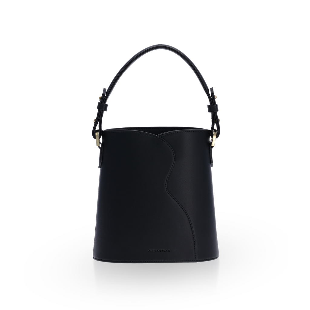 black bucket bag with additional strap
